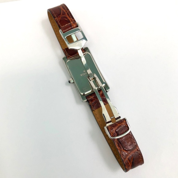 VISAGE Polished Nickel Scallop Face Brown Leather Vintage Analog Tank Watch EUC - Picture 4 of 16